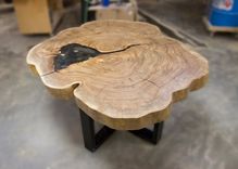 Cross Cut Disc End Grain Elm Table With Inlay River Rock Black Base 4 small