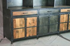 Industrial Credenza W/ Hutch. Rustic Bar W/ Shelving. Industrial Buffet. Reclaimed Wood. Sideboard. 3 small