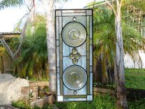 Depression Glass Stained Glass Panel, 1960s Brockway Giveaway Plates, Vintage Stained Glass Transom 3 small