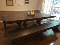 Handmade, Solid Wood Dining Table With Star-Shaped Base And Matching Benches 1 small