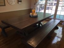 Handmade, Solid Wood Dining Table With Star-Shaped Base And Matching Benches 3 small