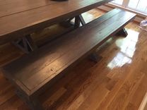 Handmade, Solid Wood Dining Table With Star-Shaped Base And Matching Benches 6 small