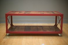 Vintage Industrial/Loft Style Coffee Table On Steel Castors - Riveted Steel And Reclaimed Wood 3 small