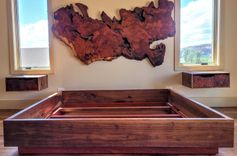 Redwood Burl Headboard W/ Floating Walnut+Redwood Nightstand Cabs, King Bed Frame Walnut+Padauk 2 small