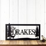 Personalized Rectangular Metal Family Last Name Plaque with Doe Deer and Pine Trees 1 small