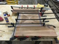 Heart Pine Table With Black Walnut Inlay. 3 small