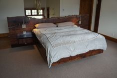 Claro Walnut Slab Headboard W/ Floating Bed Frame And Nightstands 2 small