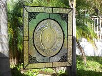 Stained Glass Window Panel W/ Recycled Vintage Glass, Suncatcher, Crystal Tiara Sandwich Glass Plate 1 small