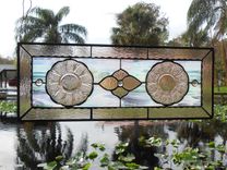 Pink Cherry Blossom Depression Glass Stained Glass Plate Panel, Antique Stained Glass Window Transom 2 small