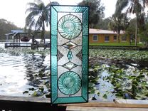 Stained Glass Transom Window, Antique Jeannette Ultramarine Swirl Plate Stained Glass Window Panel 4 small