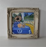 Cat And Sunflower Acrylic Painting, 5" X 5", Original Acrylic Art Canvas 1 small