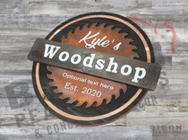 16in Round Wood Sign With Metal Sawblade. Rusted Steel Sawblade. Personalized Woodshop Sign. 2 small