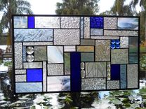 Stained Glass Panel Shades Of Blue Crazy Quilt Patchwork Geometric Stained Glass Window Transom 1 small