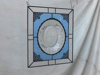 Stained Glass Window Panel W/ Recycled Vintage Glass, Suncatcher, Crystal Tiara Sandwich Glass Plate 5 small