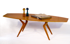 Modern Coffee Table, Boomerang Leg Design With Surfboard Top. Mid-Century, Danish Design Influence. 1 small