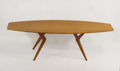 Modern Coffee Table, Boomerang Leg Design With Surfboard Top. Mid-Century, Danish Design Influence. 2 small
