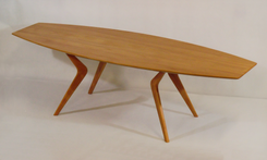 Modern Coffee Table, Boomerang Leg Design With Surfboard Top. Mid-Century, Danish Design Influence. 3 small