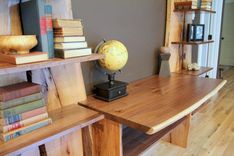 Rustic Live Edge Oak Slab Bookcase / Built In Desk 6 small