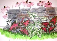 Hand Painted Tile Mural: Caladiums And Coneflowers 1 small