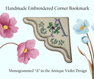 Handmade Embroidered Corner Bookmark: Antique Violet Monogram On Cream Felt With Lilac Initial "A" 1 small
