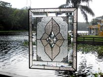 Vintage Look Stained Glass Window Panel, Neutral Champagne & Beveled Glass Transom Window 11 small