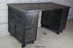 Kitchen Island. Reclaimed Wood Work Station. Rustic Bar Table. Steel Island, Metal Office Furniture. 2 small