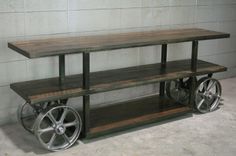 Industrial Trolley Cart/ Media Console, Reclaimed Wood Tv Stand, Rustic Console Table. Sofa Table 3 small