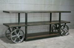 Industrial Trolley Cart/ Media Console, Reclaimed Wood Tv Stand, Rustic Console Table. Sofa Table 2 small