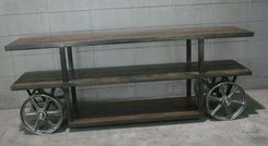 Industrial Trolley Cart/ Media Console, Reclaimed Wood Tv Stand, Rustic Console Table. Sofa Table 4 small