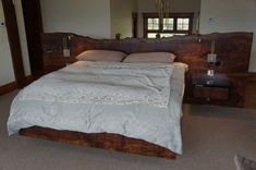 Claro Walnut Slab Headboard W/ Floating Bed Frame And Nightstands 1 small