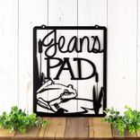 Hanging Custom Garden Metal Name Sign with Frog, Lilypad, and Cattails 1 small