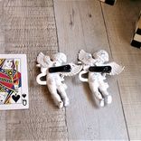 Hand Painted Chippy White Cherub Ornaments Set/2 Clip On Towel Curtain Decor 4 small