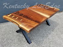 Modern Live Edge Walnut Coffee Table- Natural Dark Wood- Black Steel Legs- X Style Bases 4 small
