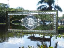 Stained Glass Patchwork Quilt Window Panel, Geometric Stained Glass Transom Window, Shades Of Green 10 small