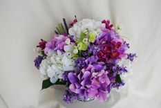 Purple And White Hydrangea Silk Floral Arrangement In Blue Pottery Vase 4 small
