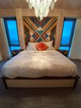 Platform Bed, Geometric Headboard And Nightstands 3 small
