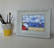 Impressionist Original Acrylic Beach Painting, 7" X 5", Sailboat, Umbrella 2 small