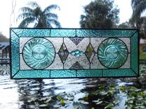 Stained Glass Transom Window, Antique Jeannette Ultramarine Swirl Plate Stained Glass Window Panel 3 small