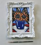 Original Acrylic Sunflowers Painting, Shabby Ornate White Frame 3 small