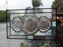 Recycled Pink Depression Glass, Antique Stained Glass Window Transom, Old Window Valance 6 small