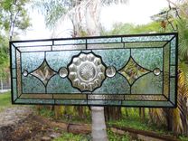 1930s Heisey Depression Glass Stained Glass Panel, Vintage Window Transom W Peerless Plate 1 small