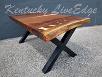 Modern Live Edge Walnut Coffee Table- Natural Dark Wood- Black Steel Legs- X Style Bases 3 small