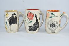 Four Coffee Mugs Set - Artistic Carved And Glazed Ceramic Mugs 16-20 Ounce Coffee Cups 6 small