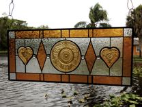 Stained Glass Transom Window, Sandwich Glass Stained Glass Plate Panel With Vintage Tiara Hearts 5 small