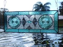 Stained Glass Transom Window, Antique Jeannette Ultramarine Swirl Plate Stained Glass Window Panel 6 small