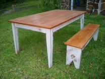 Yellow Pine Table With Antique White Base, Matching Benches 1 small