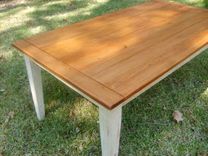 Yellow Pine Table With Antique White Base, Matching Benches 2 small