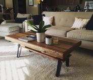 Reclaimed Wood Coffee Table With Flat Iron Legs And Shelf 1 small