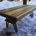 Reclaimed Wood Coffee Table With Flat Iron Legs And Shelf 2 small