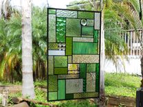 Stained Glass Patchwork Quilt Window Panel, Geometric Stained Glass Transom Window, Shades Of Green 5 small